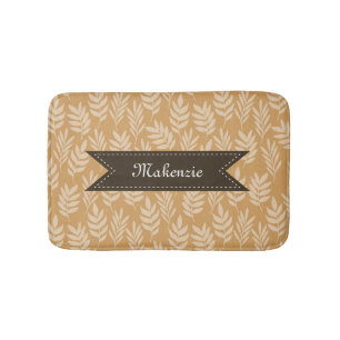 Chic Golden Brown Leaves Pattern With Name Bath Mat