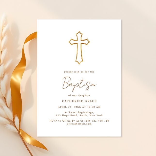 Chic Golden Cross Typography Baptism Invitation (Creator Uploaded)