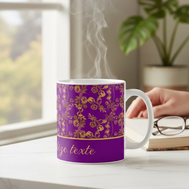 Chic Golden Flowers on purple pattern | Customised Coffee Mug (Creator Uploaded)
