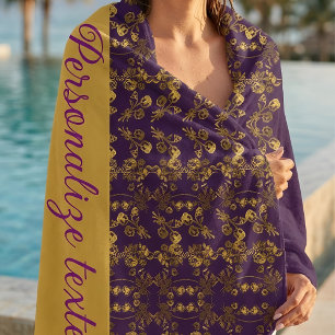 Chic Golden Flowers purple pattern   personalised Beach Towel