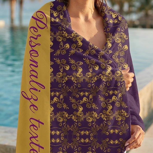 Chic Golden Flowers purple pattern | personalised Beach Towel (Creator Uploaded)