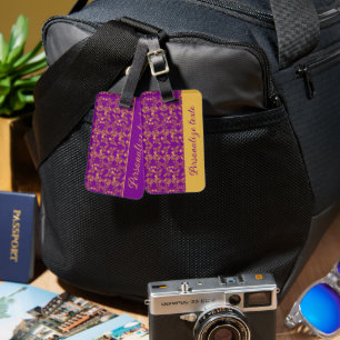 Chic Golden Flowers purple pattern personalised Luggage Tag