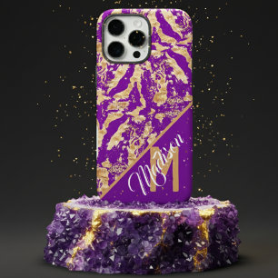Chic Golden Marble purple Custom monogram initial iPhone 16 Pro Max Case
