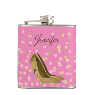 Chic Golden Stilettos Pink Hip Flask