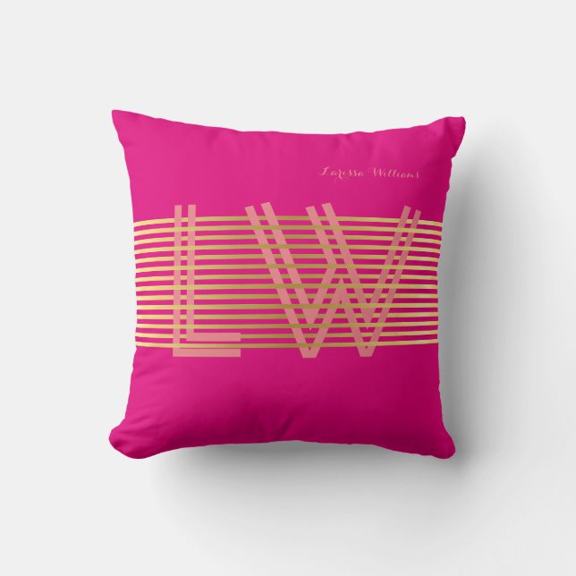 chic golden stripes personalised monogram hot pink cushion (Front)
