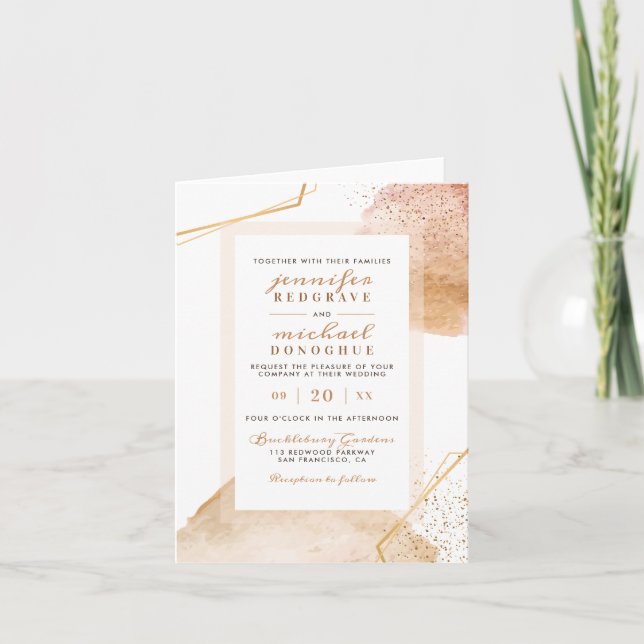 Chic Golden Watercolor Speckles Geometric Wedding Invitation (Front)