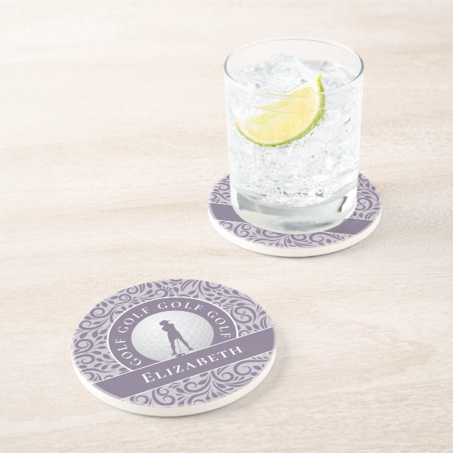 Chic Golfer Silhouette Custom Name Purple Cute Coaster (Side)