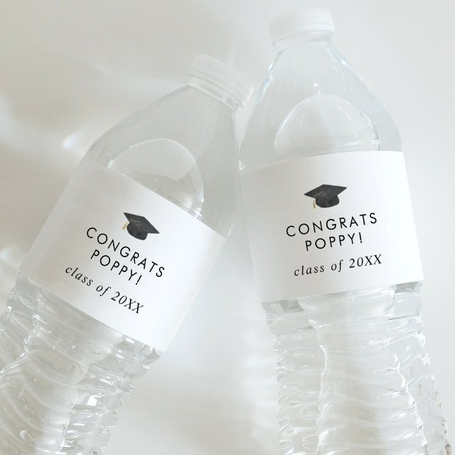Chic Grad Cap Congrats Grad Name Graduation Water Bottle Label (Creator Uploaded)