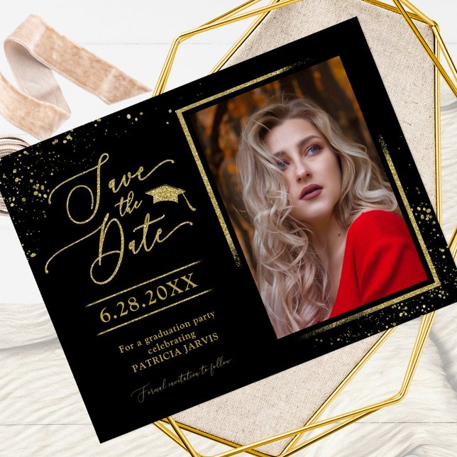 Chic Grad Party Save The Date Festive Gold Glitter Postcard (Creator Uploaded)