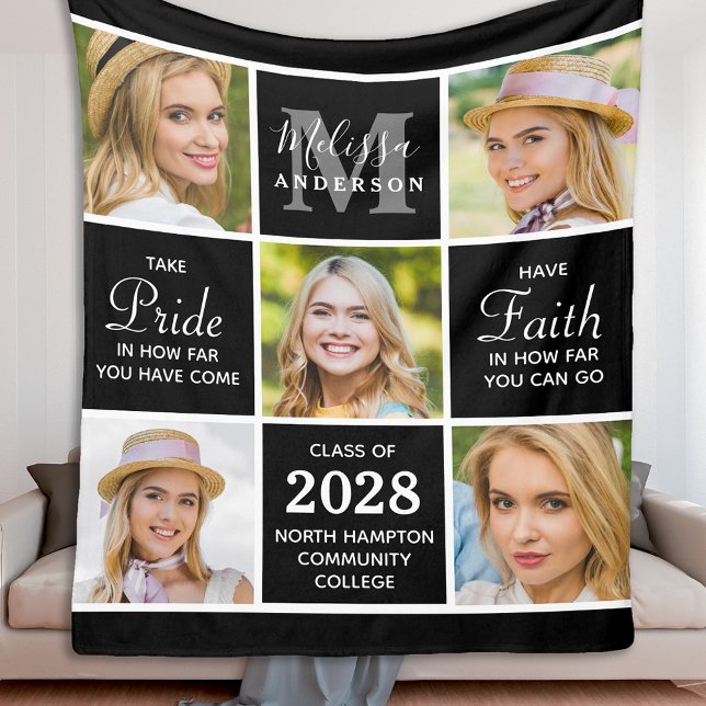 Chic Graduate 5 Photo Collage Inspirational Black Fleece Blanket (Creator Uploaded)