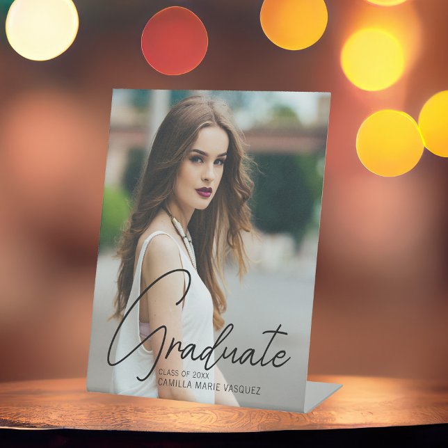 Chic Graduate Photo Black Script Graduation Party Pedestal Sign (Creator Uploaded)