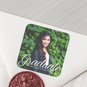 Chic Graduate Photo White Script 2025 Graduation Square Sticker