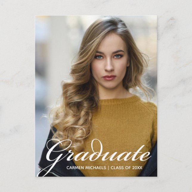 Chic Graduate Photo White Script Overlay 2024 Postcard (Front)