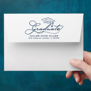 Chic Graduate Script Navy Blue Return Address Envelope