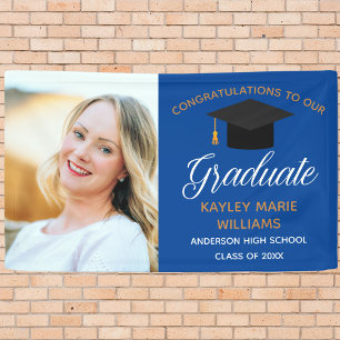 Chic Graduate Senior Photo Blue Gold Graduation Banner