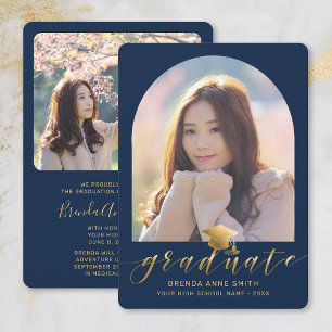 Chic Graduation 2 Photo Gold Cap Script on Navy Announcement