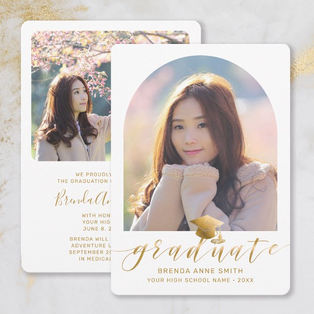 Chic Graduation 2 Photo Gold Cap Script on White Announcement (White with Gold Script Arch Frame Photo Graduation Announcement)