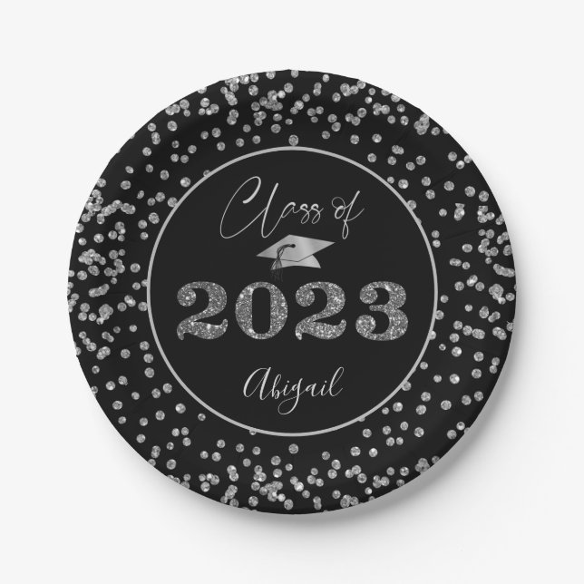 Chic Graduation Black Silver Glitter CLASS OF 2021 Paper Plate (Front)