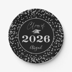 Chic Graduation Black Silver Glitter CLASS OF 2023 Paper Plate