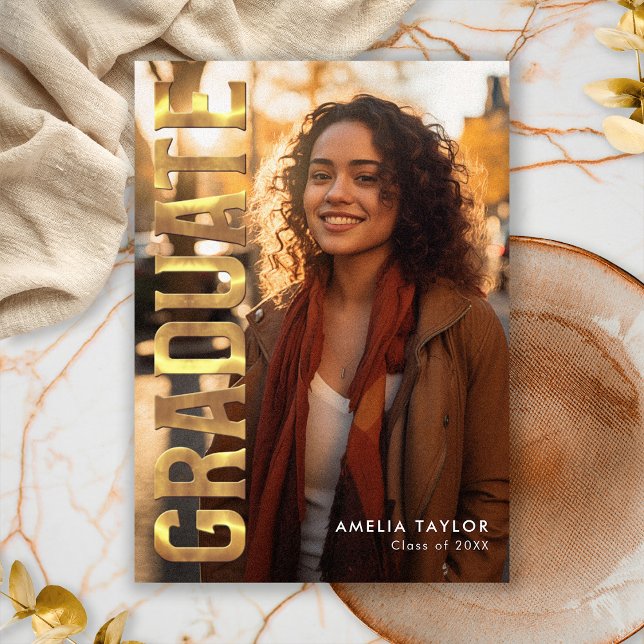 Chic Graduation Bold Gold Typography Photo Party Invitation (Creator Uploaded)