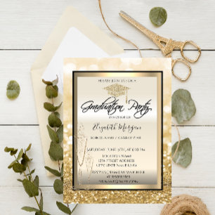 Chic Graduation Cap, Glass Gold Bokeh Graduation Invitation