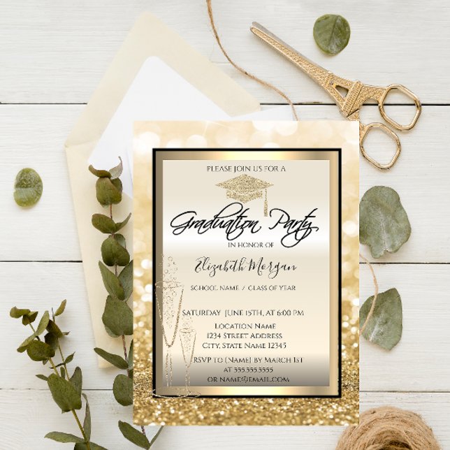 Chic Graduation Cap,  Glass Gold Bokeh Graduation Invitation (Creator Uploaded)