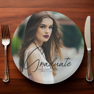 Chic Graduation Photo Black Script Overlay Party Paper Plate