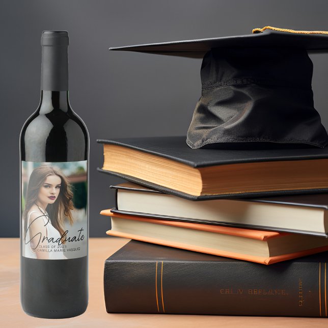 Chic Graduation Photo Black Script Overlay Party Wine Label (Creator Uploaded)