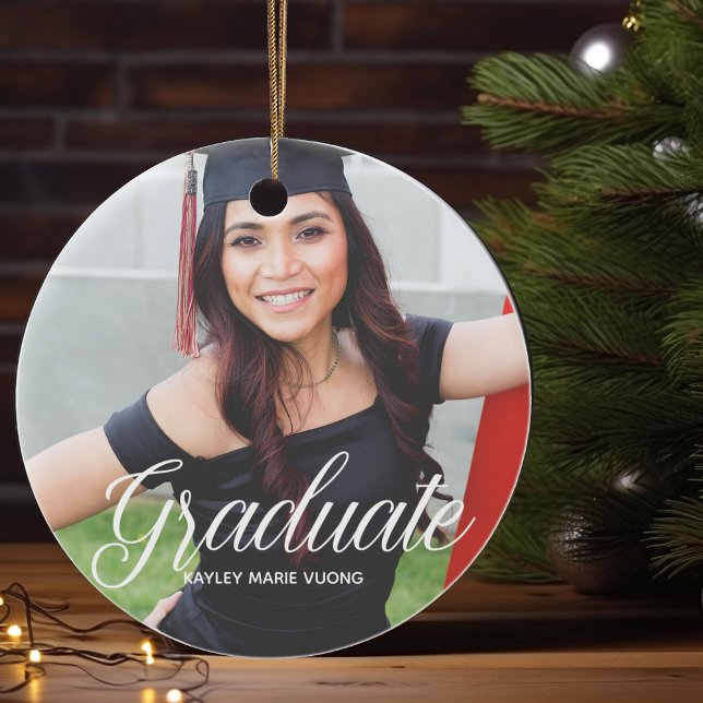 Chic Graduation Photo White Script Senior Graduate Ceramic Tree Decoration (Creator Uploaded)