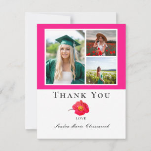 Chic Graduation Pink Floral Photo Collage Thank You Card