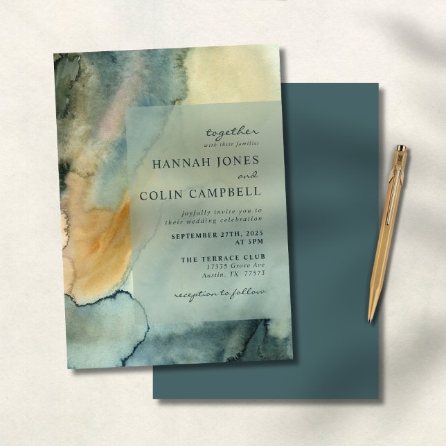 Chic Granite Blue Green Watercolor Wedding Invitation (Creator Uploaded)