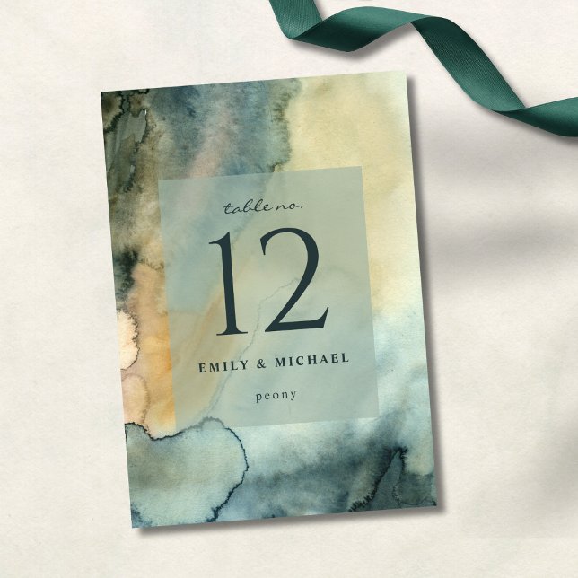 Chic Granite Blue Green Watercolor  Wedding Table Number (Creator Uploaded)