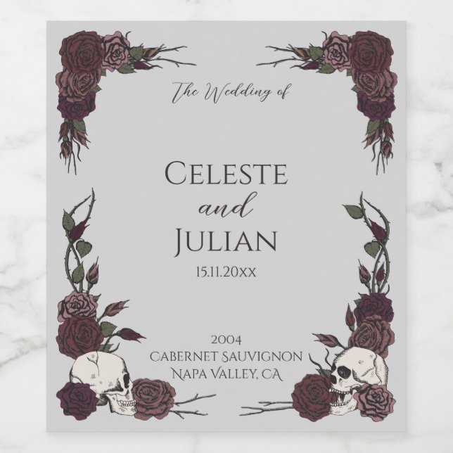 Chic Gray Skulls & Roses Gothic Wedding Wine Label (Single Label)