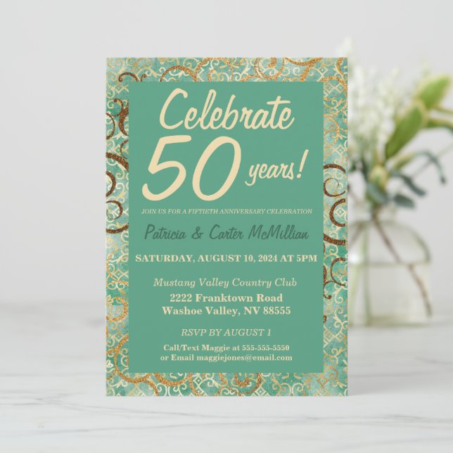 Chic Green and Gold 50th Anniversary Invitation (Standing Front)