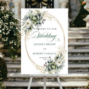 Chic green and gold foliage wedding welcome sign