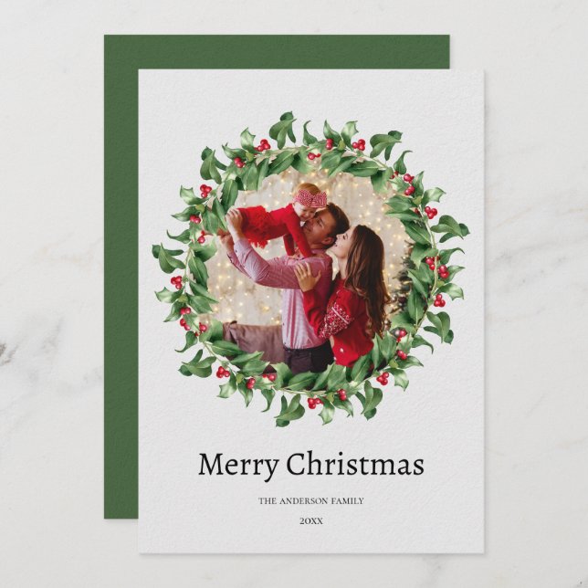 Chic Green and Red Floral Christmas Photo   Holiday Card (Front/Back)