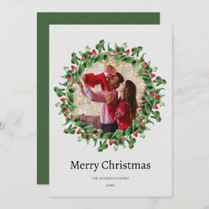 Chic Green and Red Floral Christmas Photo   Holiday Card