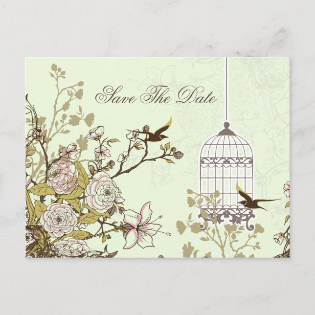 Chic green bird cage, love birds save the dates announcement postcard (Front)