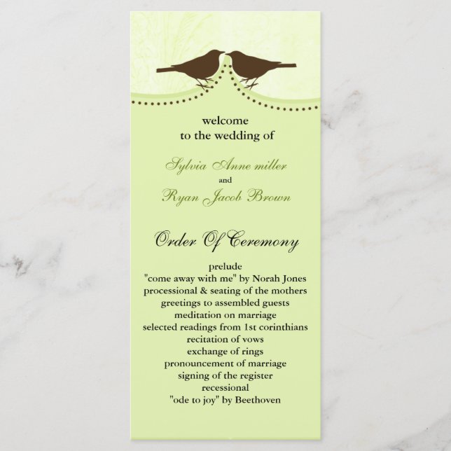 Chic green bird cage, love birds wedding programs programme (Front)