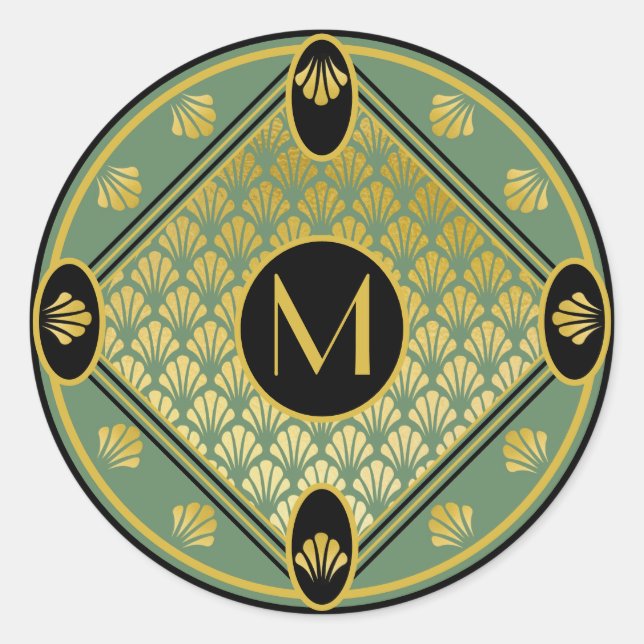 Chic Green & Black Art Deco Fan Pattern Monogram Classic Round Sticker (Front)