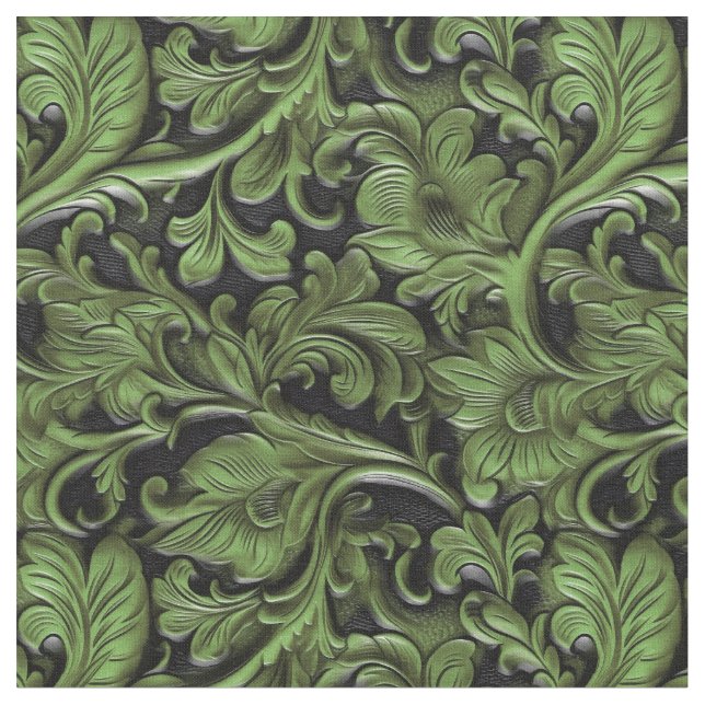 Chic green black tooled leather floral fabric (Close Up)