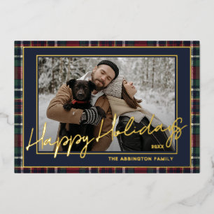 Chic Green Blue Red Plaid Gold Foil Family Photo