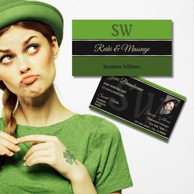 Chic Green Borders on Black with Monogram Photo Business Card (Creator Uploaded)