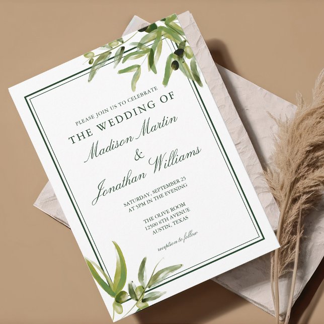 Chic Green Botanical Olive Leaves Garden Wedding Invitation (Creator Uploaded)
