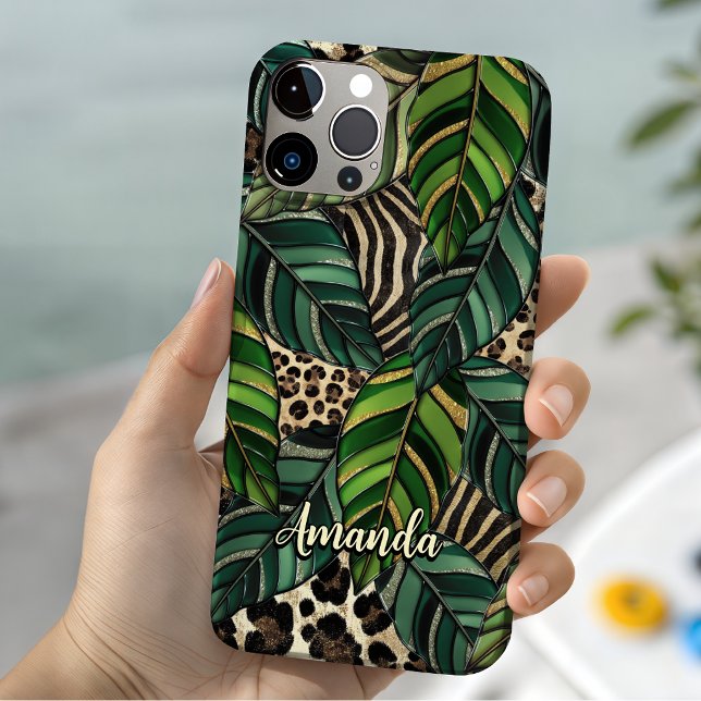 Chic Green Botanical Tropical Leopard Monogram iPhone 16 Case (Creator Uploaded)