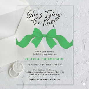 Chic Green Bow She's Tying the Knot Bridal Shower Acrylic Invitations