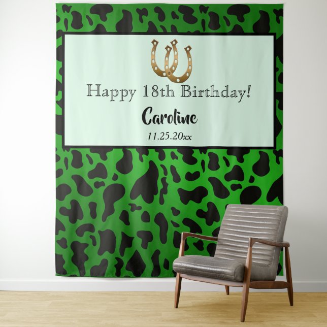 Chic Green, Cow Spots & Gold Horseshoe Birthday    Tapestry (In Situ)