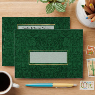 Chic Green Damask and Gold Lining Envelope
