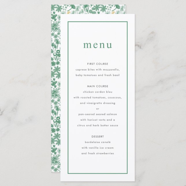 Chic Green Ditzy Floral Wedding Menu (Front/Back)