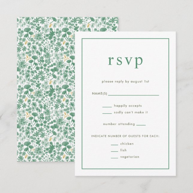 Chic Green Ditzy Floral Wedding  RSVP Card (Front/Back)
